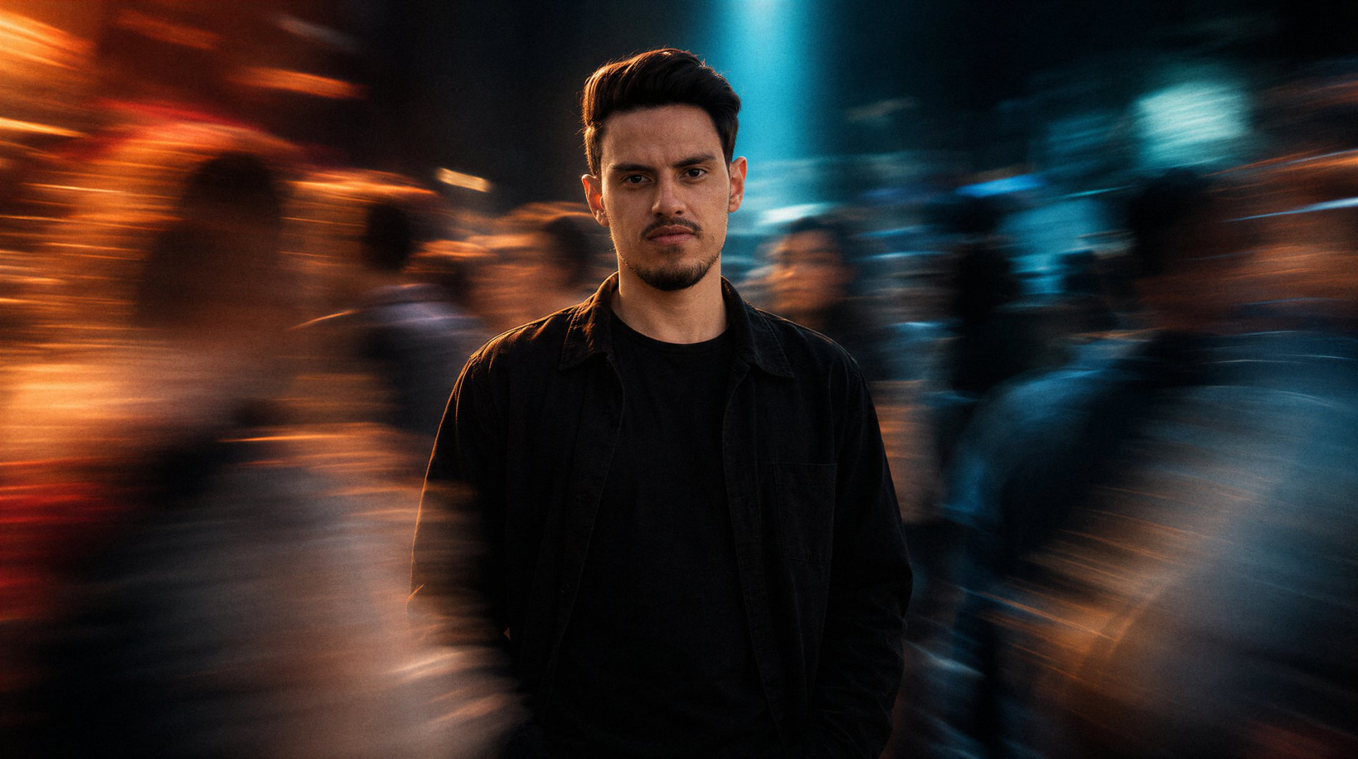 Thiago Anjos em retrato cinematográfico entre pessoas em movimento